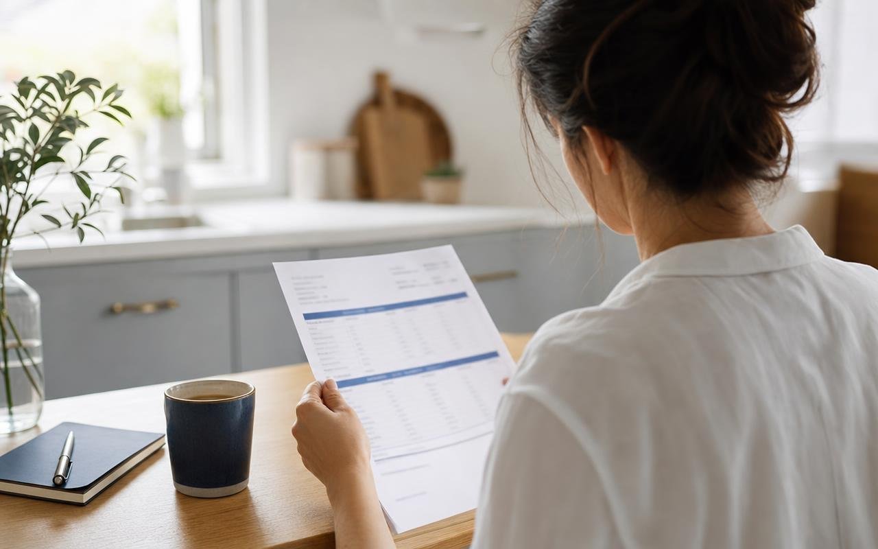 Reading a printed lab report at a kitchen table